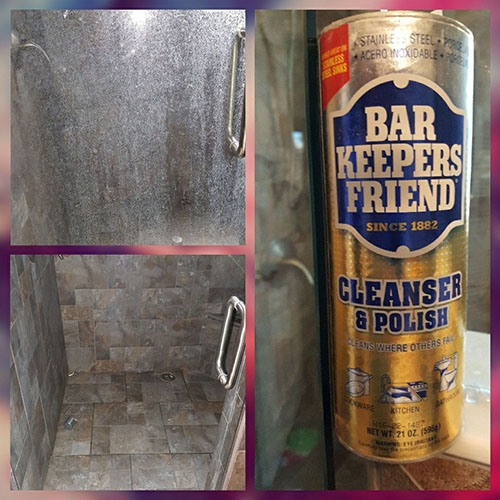 Glass Shower Door With Hard Water Stains Cleaned With Bar Keepers