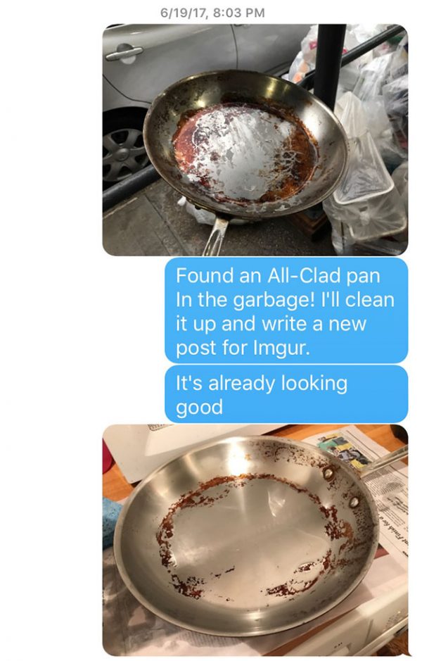 Text message between Sandy and his daughter about BKF cleaning All-Clad pan